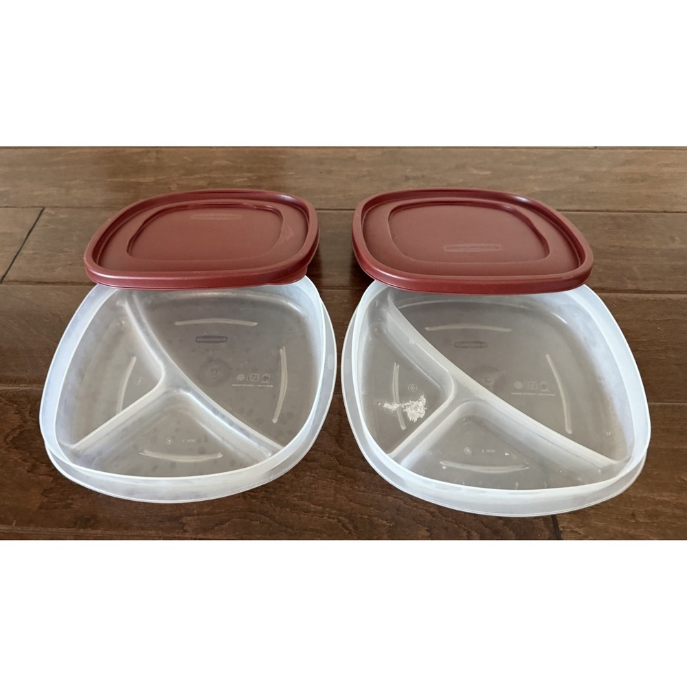 2 Vintage Rubbermaid Servin Saver Divided Food Storage Containers with Red Lids